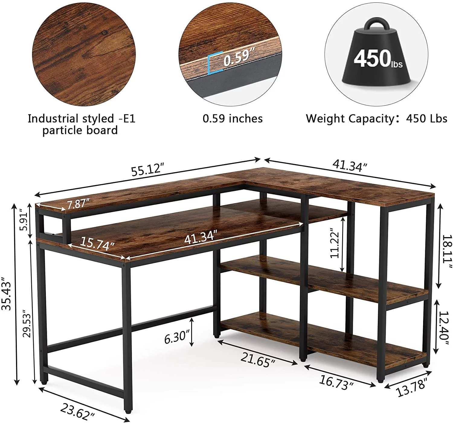 Tribesigns Reversible L Shaped Computer Desk with Hutch and Shelf Industrial Home Office Desk Rustic Brown