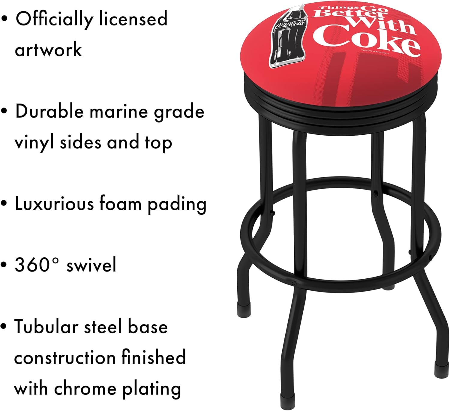 Bar Stool - Coca-Cola Things Go Better with Coke Bottle Art Stool with Retro Black Ribbed Side - Swivel Chair for Game Room, Garage