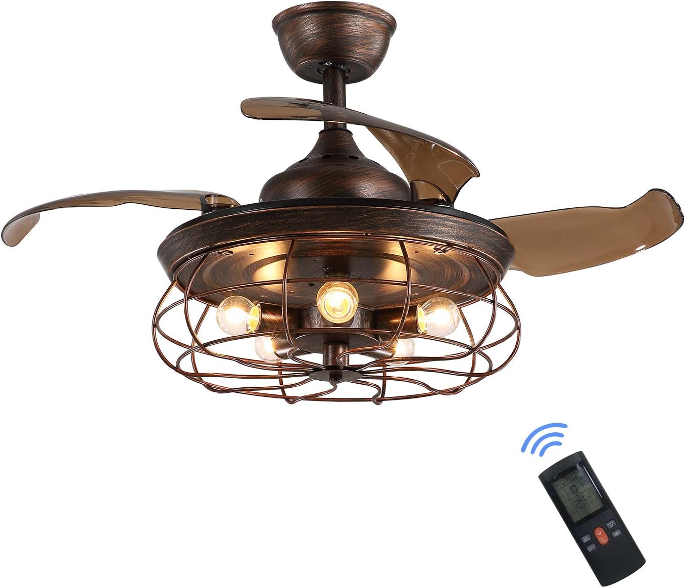 Siljoy 48 Retractable Blades Chandelier Ceiling Fan Industrial Retro Fandelier with Remote