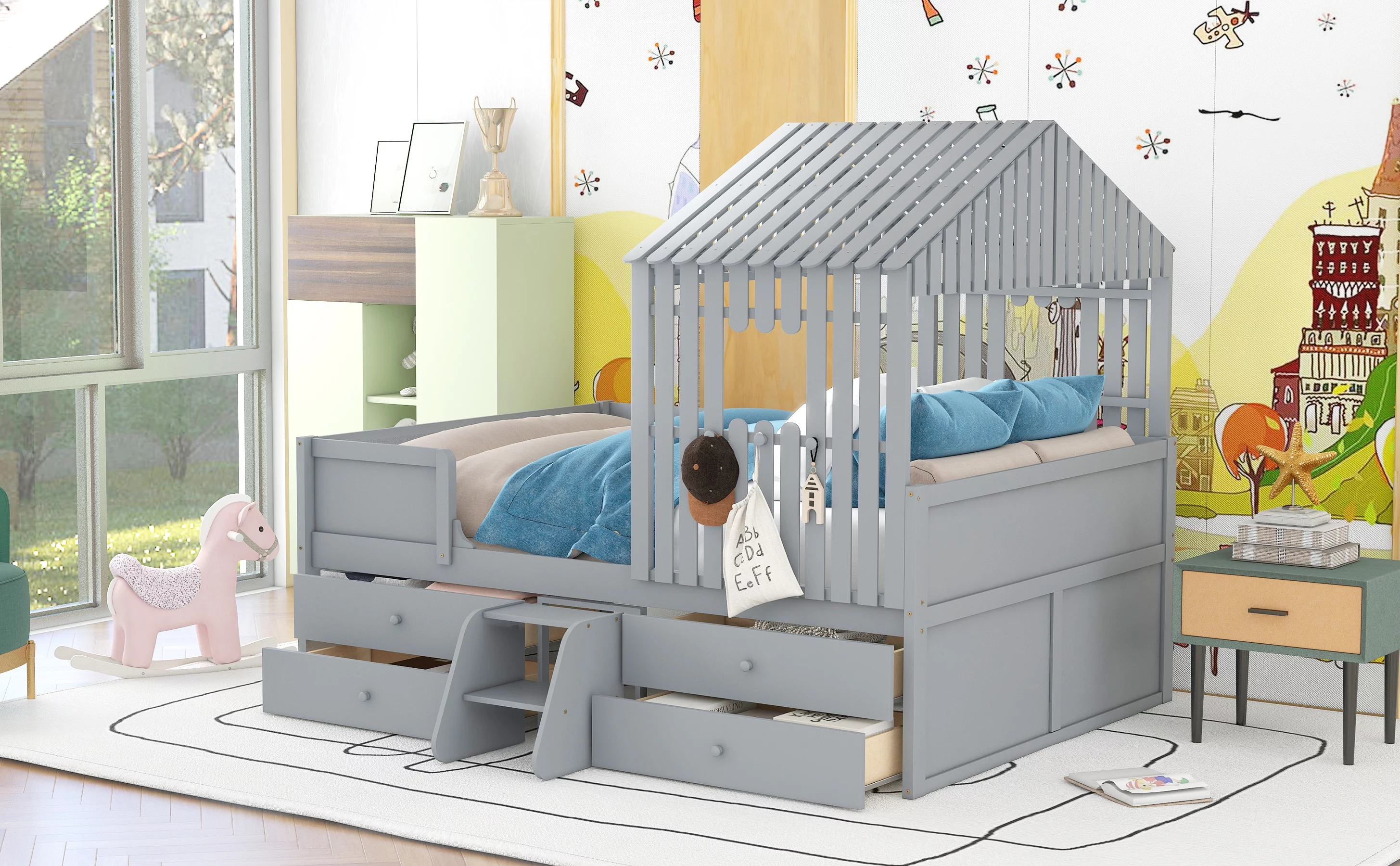 Full Size House Low Loft Bed with Four Drawers,Gray