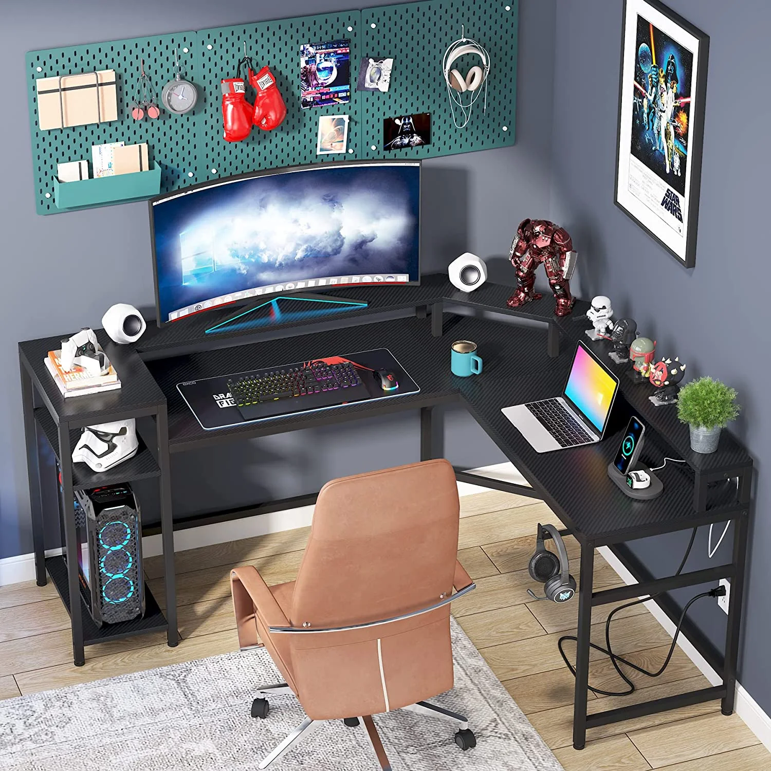 Tribesigns L-Shaped Gaming Desk with LED Strips, Power Outlets & Monitor Stand, Black