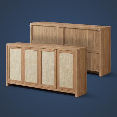Hampstead Rattan 4-Door Storage Sideboard Cabinets with Adjustable Shelves, Boho Accent Buffet Cupboard Console for Kitchen, Living Room, and Hallway