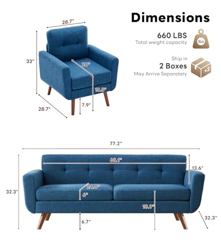 Tbfit L Shaped Couch Sofa, 80" W Mid-Century Modern Sectional Couches, 3 Seater Sofas with Wide Chaise Lounge & Two Pillows