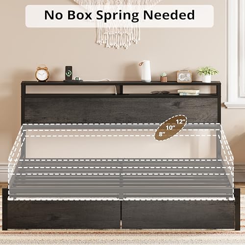 LIKIMIO King Bed Frame with Storage Headboard, Platform Bed with Drawers and Charging Station, No Box Spring Needed, Easy Assembly, Vintage Brown