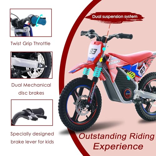 OLALA 36V Electric Dirt Bike for Kids Aged 4-8, Brushless 350W Racing Grade Electric Motorcycle, Up to 18.6MPH & 3 Speed Settings, Dual Disc Brakes