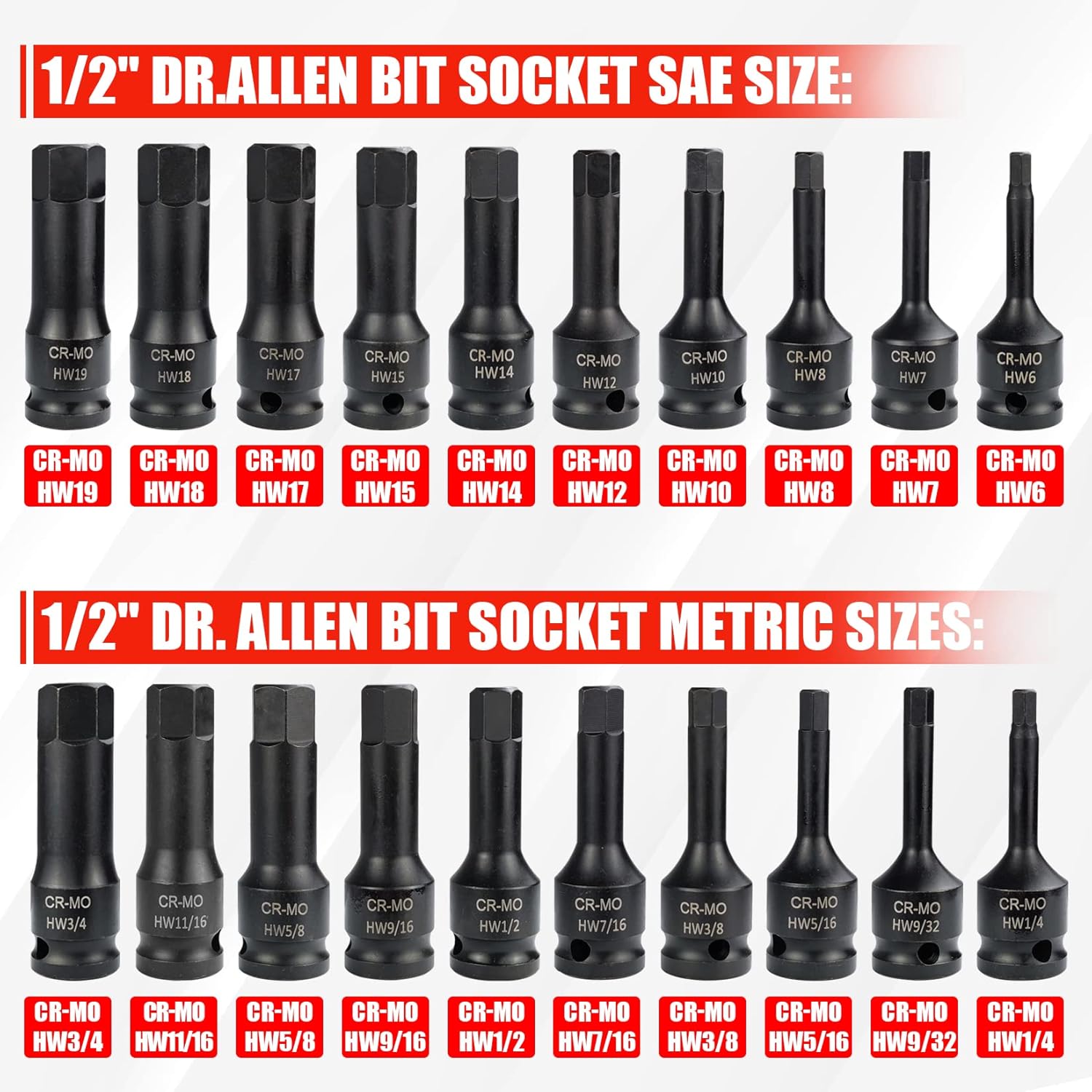 C&T 20 Piece 1/2 Drive Master Impact Hex Driver Set, SAE Metric Hex Head Impact Driver Bit Set 1/4 - 3/4, 6mm - 19mm