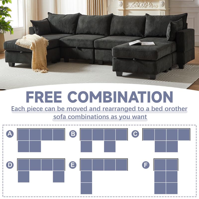 U Shaped Modular Sectional Sofa Couch, Corner Sofa with 4pcs Waist Pillows, Chaise Lounge, Terrycloth Fabric Sofa
