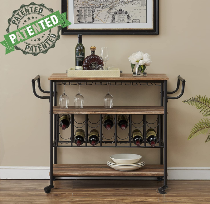 HOMYSHOPY Industrial bar cart with wine rack and glass rack, mobile wine cart with wheels suitable for households