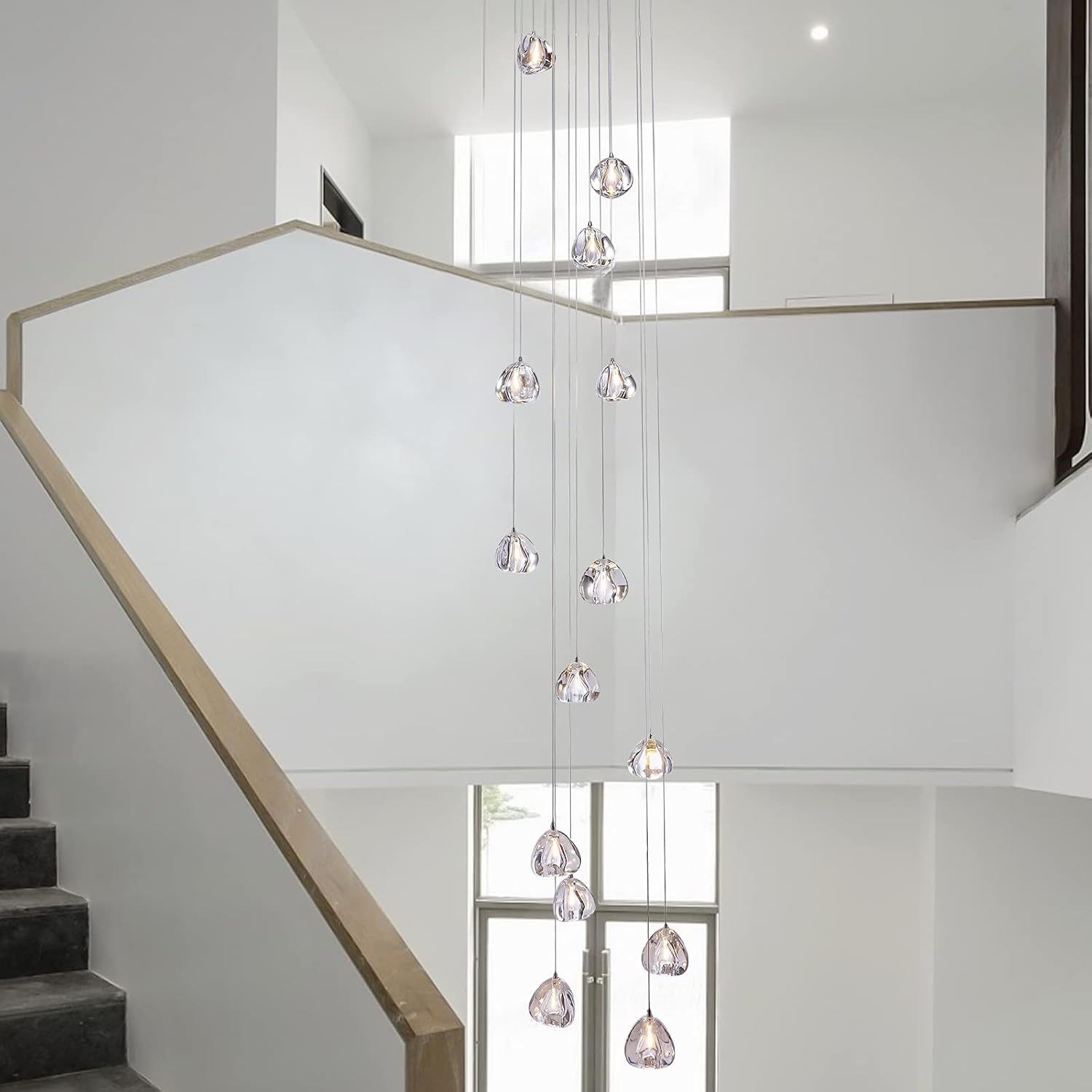 Modern Crystal Chandelier 7 Lights High Ceiling Chandelier Foyer Staircase Raindrop Ceiling Light Fixture Villa Crystal Ball Spiral Pendant Light for