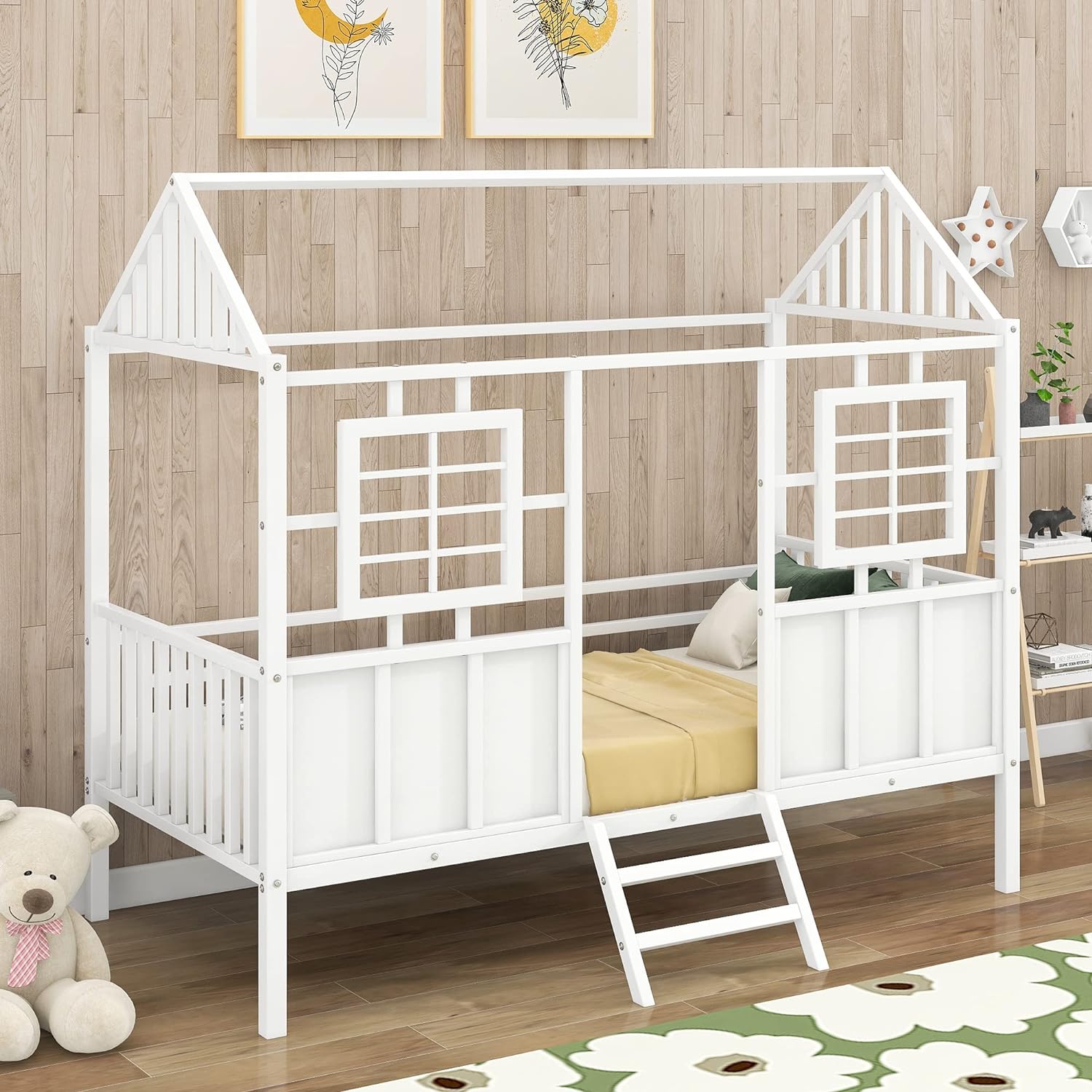 Size Low Loft Bed For Kids, Metal House Bed Frame With Roof And Two Front Windows