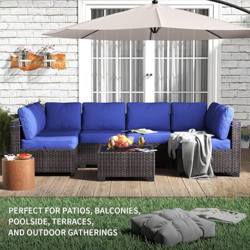 6 Piece Outdoor Patio Furniture Set with Coffee Table, Rattan Deck Conversation Sofa Set