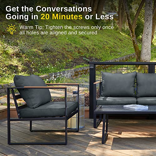 EAST OAK Courtyard Patio Furniture Set, 4-Piece Outdoor Patio Set with Sofa, Removable & Washable Deep Seating Cushion, Tempered Glass Table