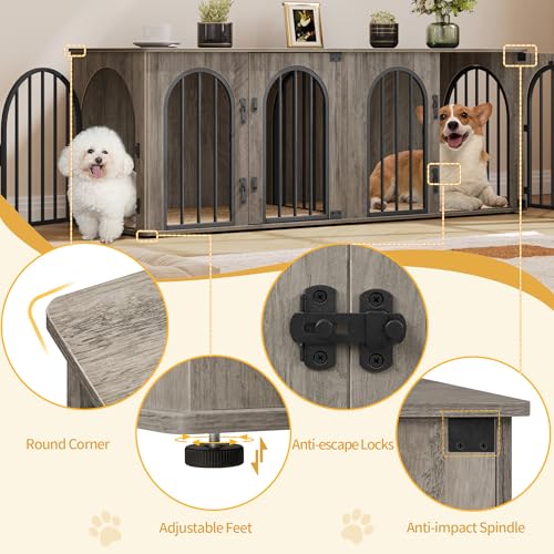 71" Dog Crate Furniture for 2 Dogs, Heavy Duty Indoor Dog Kennel TV Stand, XXL Wooden Dog Cage with Divider for Medium Large Dogs