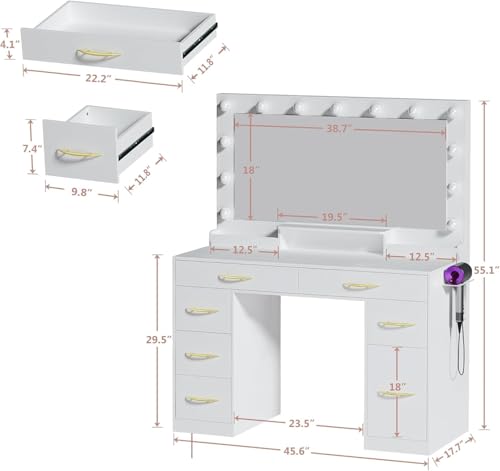 Vanity Desk with Large Mirror and Lights, 45.3in Makeup Vanity with Power Outlet 9 Drawers & Storage, 3 Lighting Color Adjustable