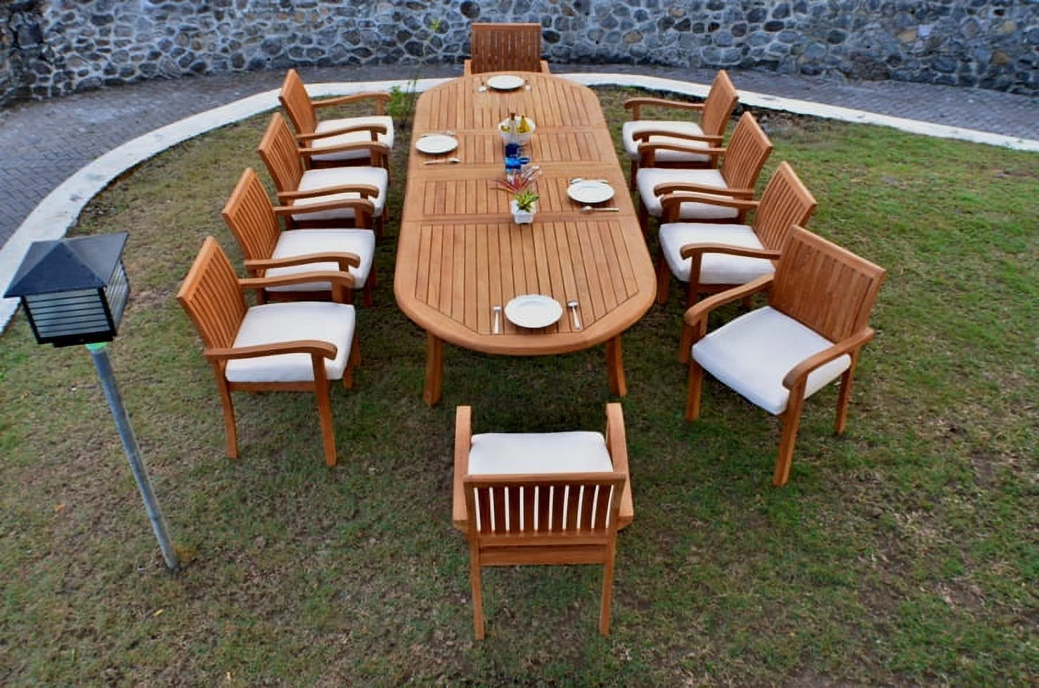 Teak Dining Set:10 Seater 11 Pc - Large 118" Oval Table And 10 Napa Stacking Arm Chairs Outdoor Patio Grade-A Teak Wood WholesaleTeak #WMDSNPq