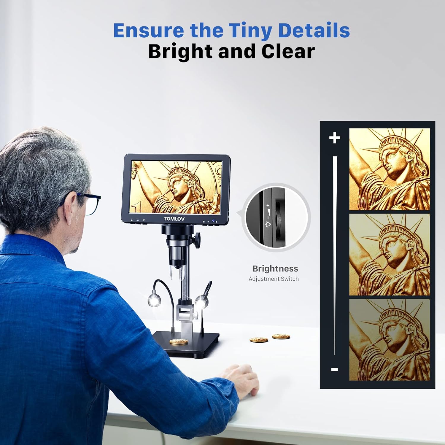 TOMLOV DM9 Pro 7" HDMI Digital Microscope 1200X with IPS Screen, 1080P 16MP Coin Microscope Magnifier for Entire Coin View