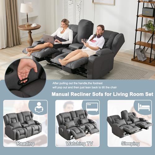 65" Loveseat Recliner Reclining Loveseat with Console - Comfy Manual RV Recliner Loveseat Sofa Couch Home Theater Seating with Pillows, Cup Holders