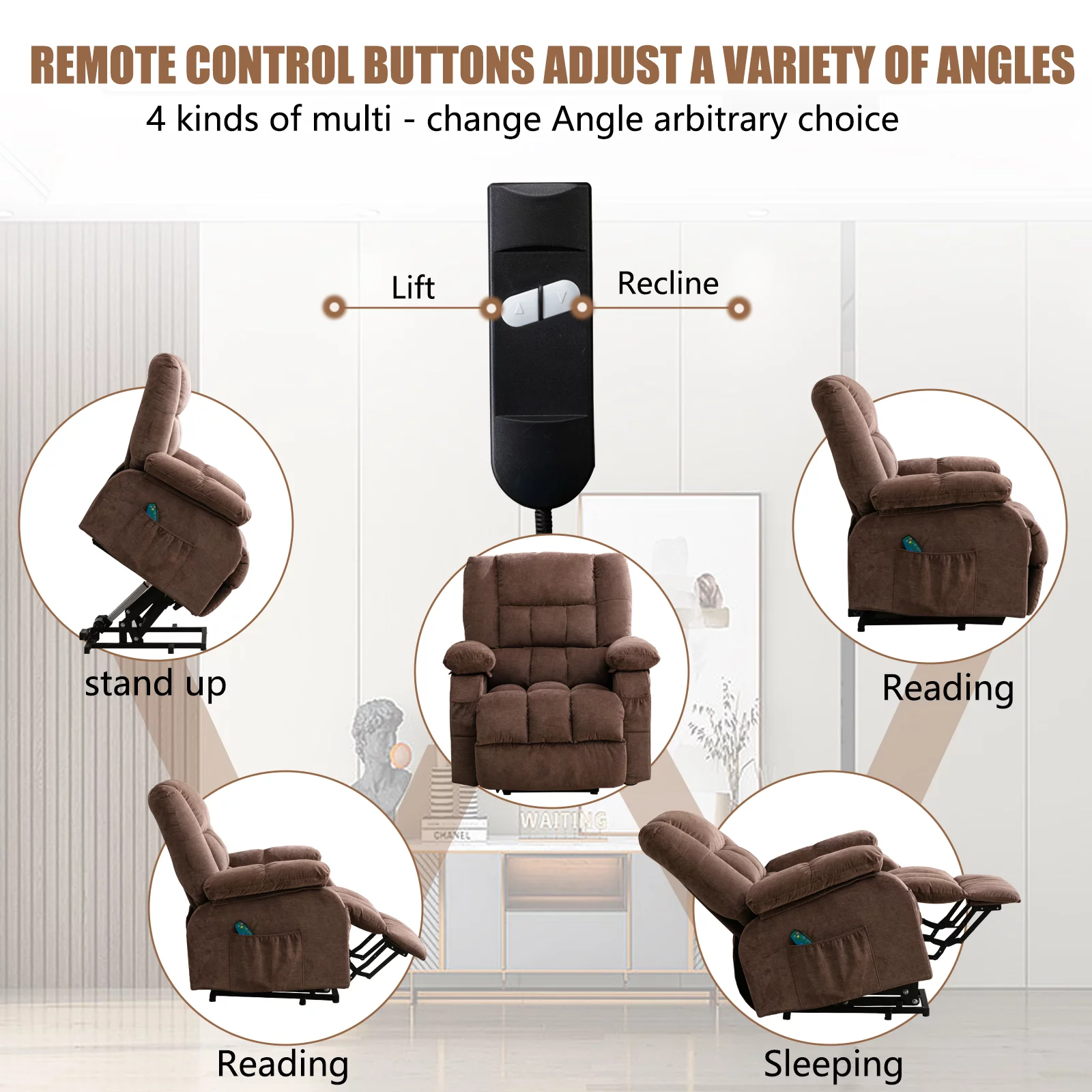 Power Lift Recliner Chair Sofa with Massage and Heat for Elderly, 3 Positions, 2 Side Pockets, USB Ports