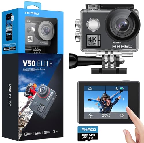 AKASO V50 Elite 4K60fps Action Camera with 128GB MicroSDXC U3 Memory Card Accessories Kit Bundle Voice Control EIS 131 feet Waterproof Camera 8X Zoom