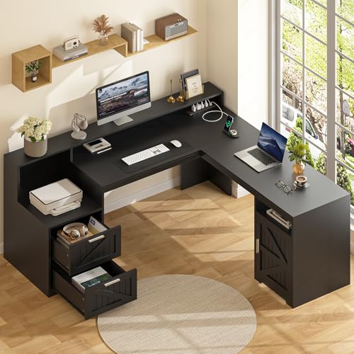 63" Farmhouse L Shaped Executive Desk with Drawers & Storage Shelf, Corner Computer Desk with Power Outlets, L Shaped Office Desk with Monitor Stand