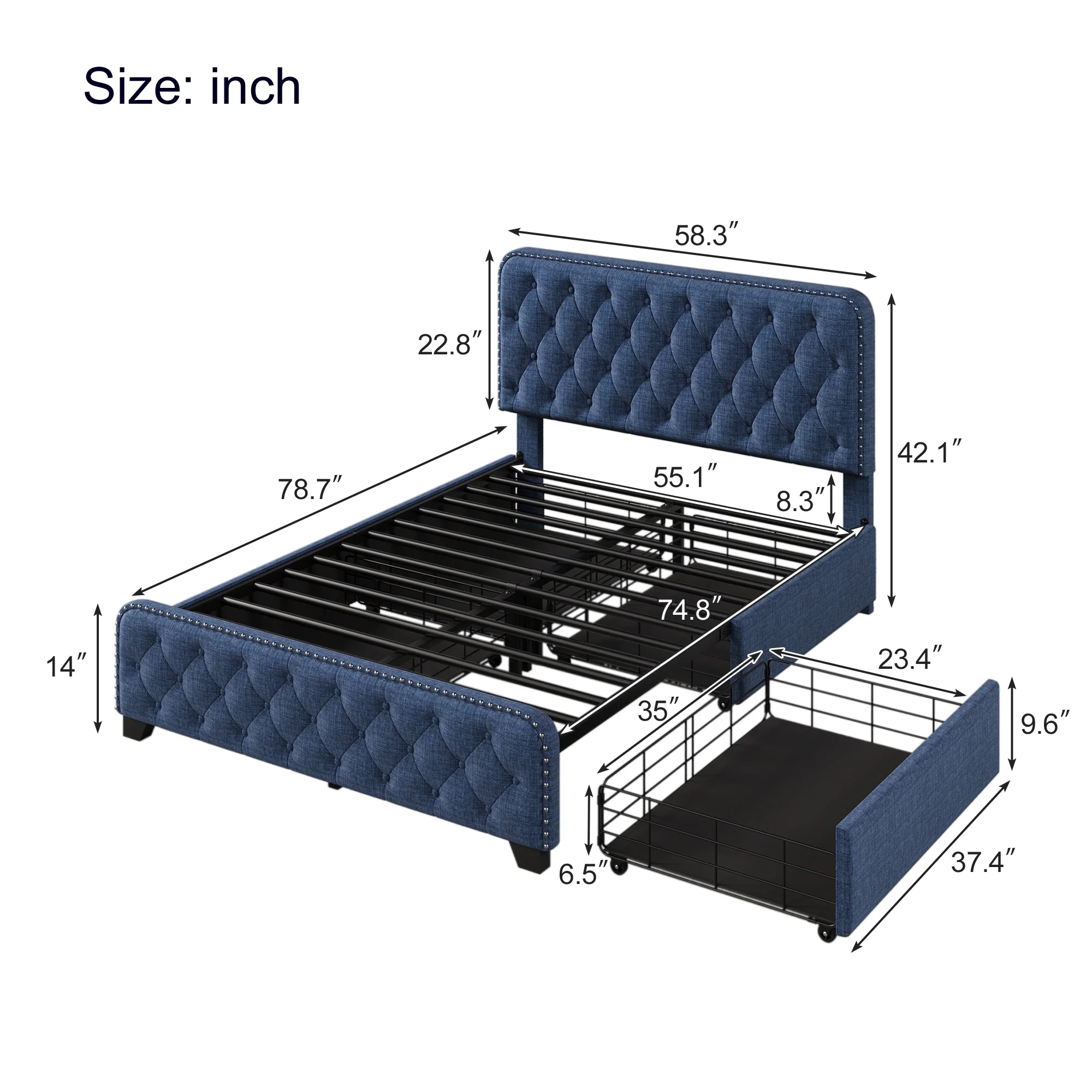 Upholstered Platform Bed Frame with Four Drawers, Button Tufted Headboard and Footboard Sturdy Metal Support, No Box Spring Required, Blue