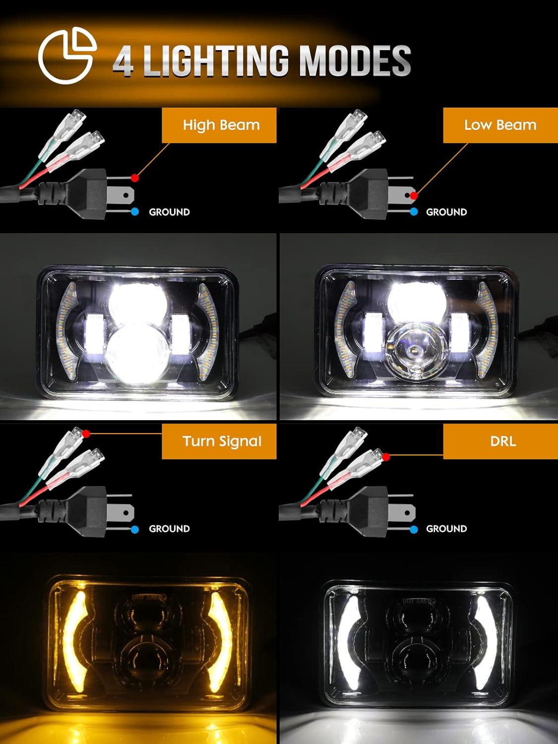 CO LIGHT 4x6 Headlights Led Sealed Beam Headlight Conversion White&Amber DRL H4651 H4652 H4656 H4666 Chrome Crystal Square Sealed beam Headlights Car