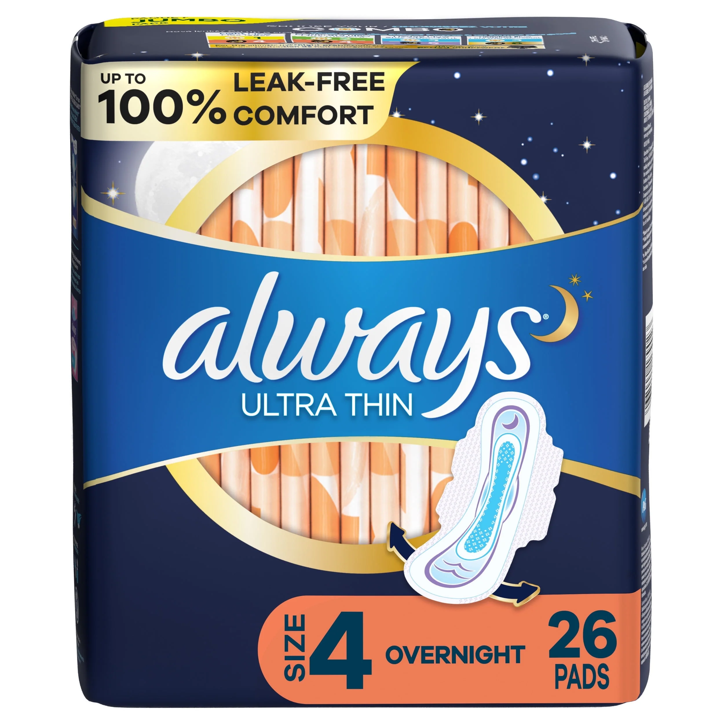 Always Ultra Thin Overnight Pads with Wings, Size 4, Overnight Absorbency, 36 Count