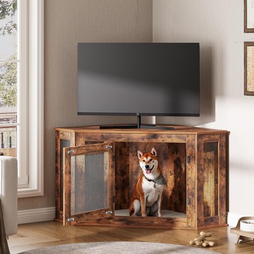 Corner Dog Crate Furniture, Wooden Dog Kennel End Table, Decorative Pet Crate Indoor Use, Furniture Style Dog House for Small Medium Dog