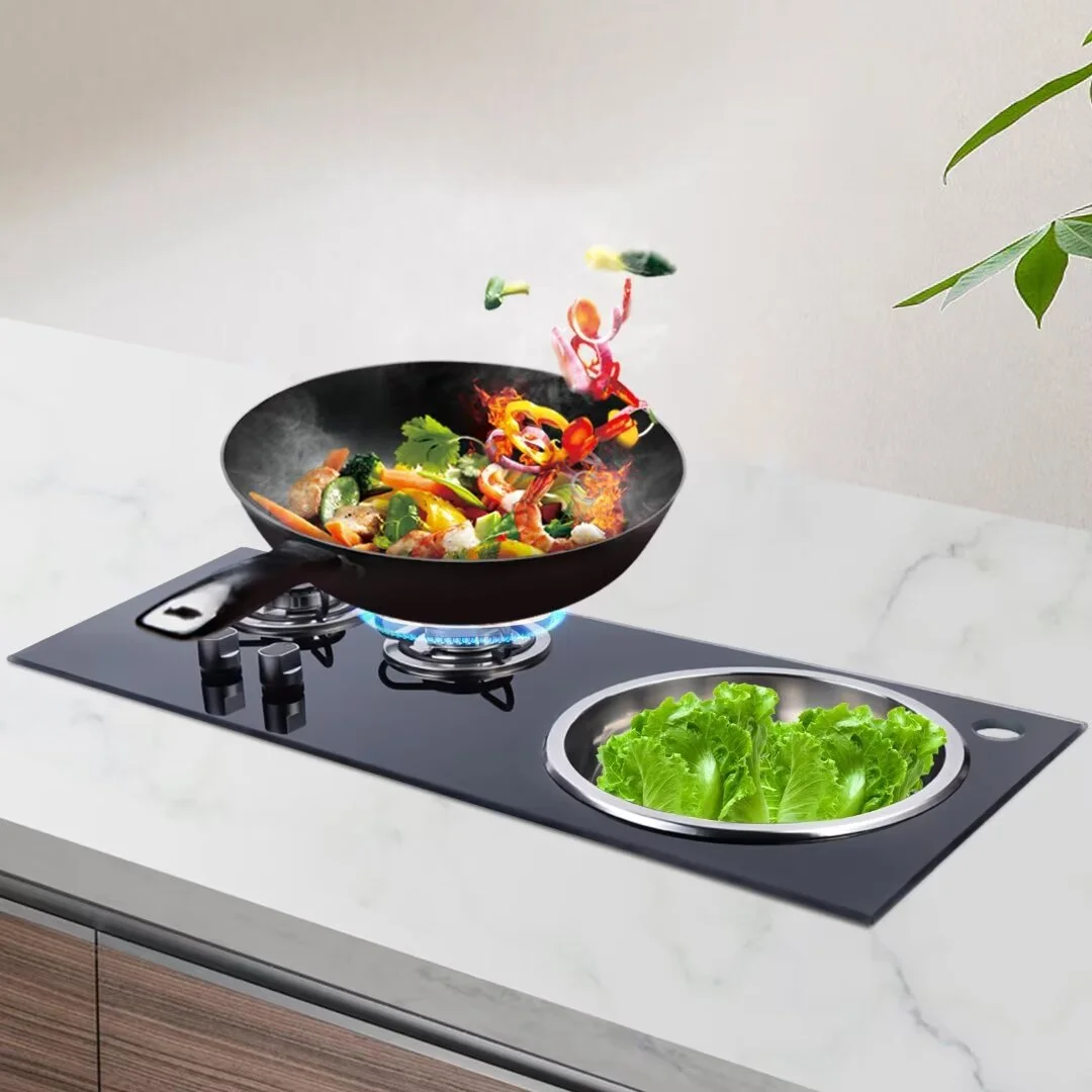 MIDUO 31" LPG Gas Stove, Two Burner Faucet Stove Gas Cooktop, Portable Double Outdoor Cooker with Sink Combo
