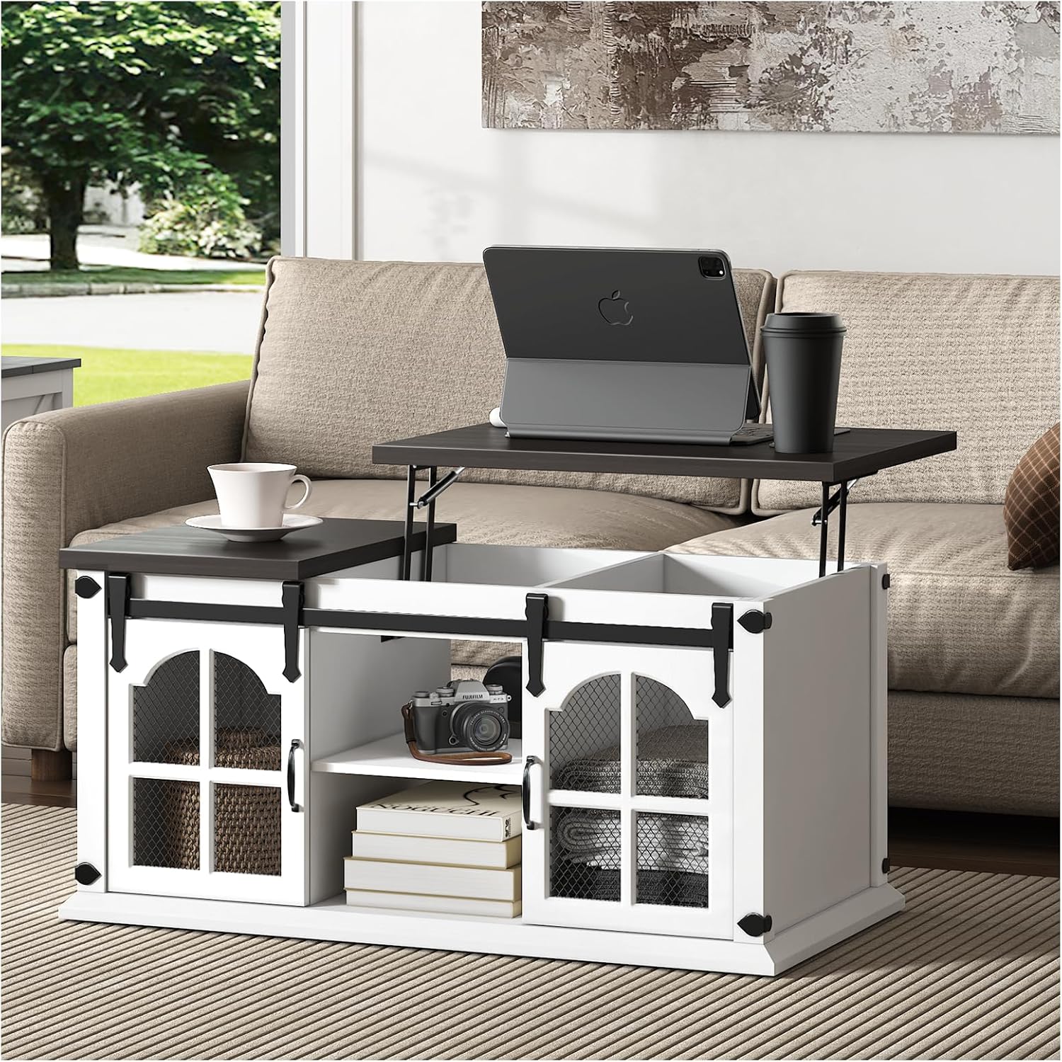 Lift Top Coffee Table with Storage,Farmhouse Coffee Table with Sliding Barn Door,Rustic Center Table with Shelves
