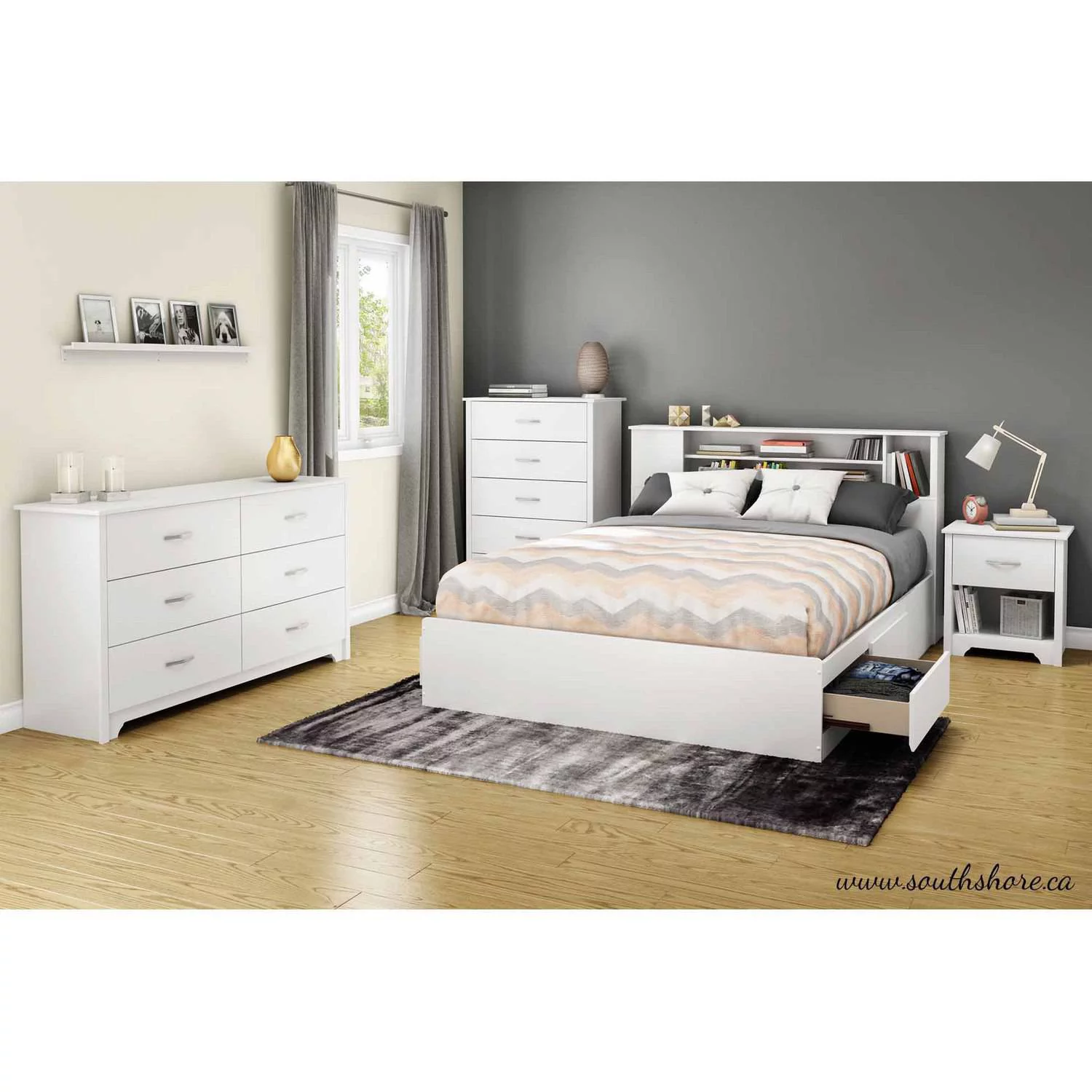 South Shore Fusion Wood Full Queen Bookcase Headboard in White