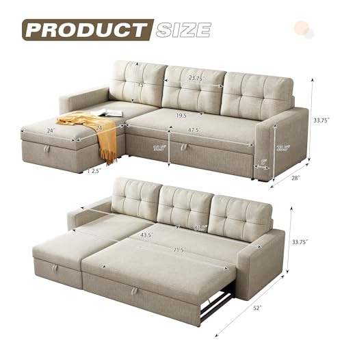 81.5'' L-Shape Sleeper Sectional Sofa with Storage Chaise and Pull-Out Bed, Living Room Convertible Couch Bed,W/ 3 Back Cushions & Breathable fabric