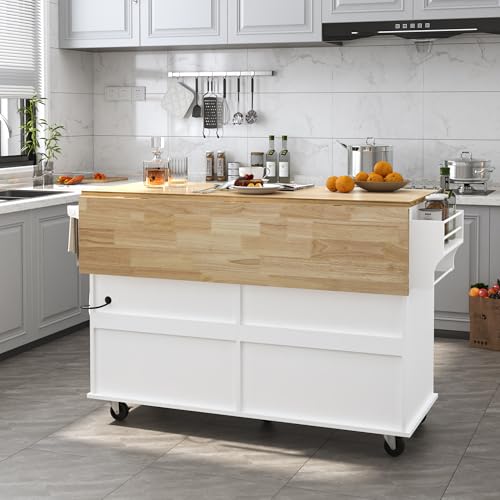 Kitchen Cart with Wood Top and Drop Leaf Breakfast Bar, Rolling Mobile Kitchen Island Table on Wheels with Drawer and Storage Cabinet, Spice Rack