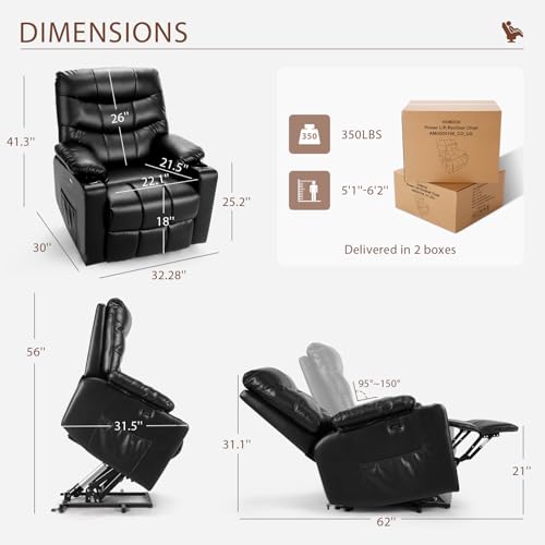 Himimi PU Leather Electric Power Lift Chair Recliners Massage with Heat and Massage, Adjustable Back Leg, USB Ports, Cupholders