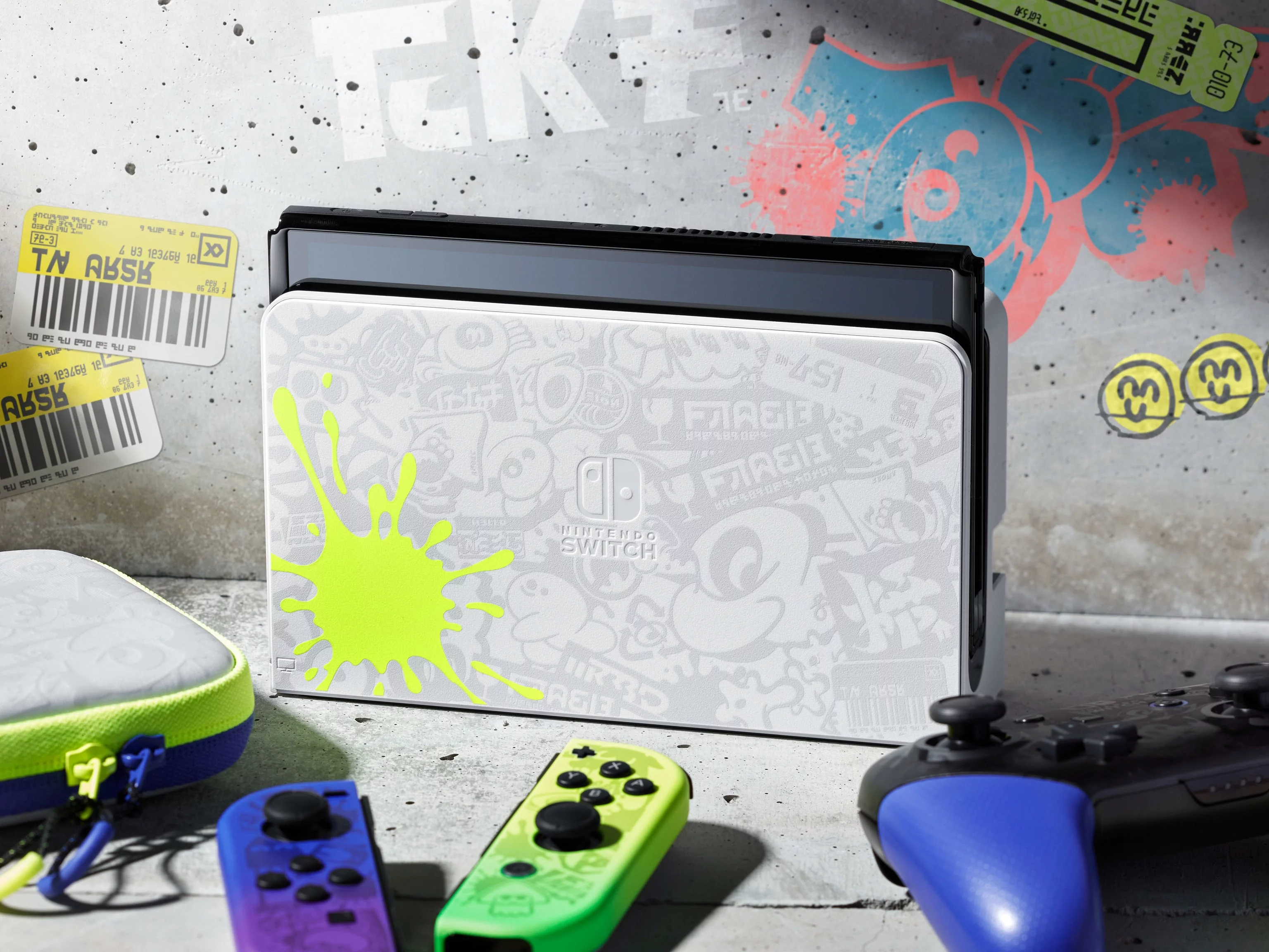 2022 Nintendo Switch OLED Splatoon 3 Limited Edition 5 in1 Bundle, Blue & Yellow Gradient Joy-Con 64GB Console, LAN-Port Graffiti-themed Dock