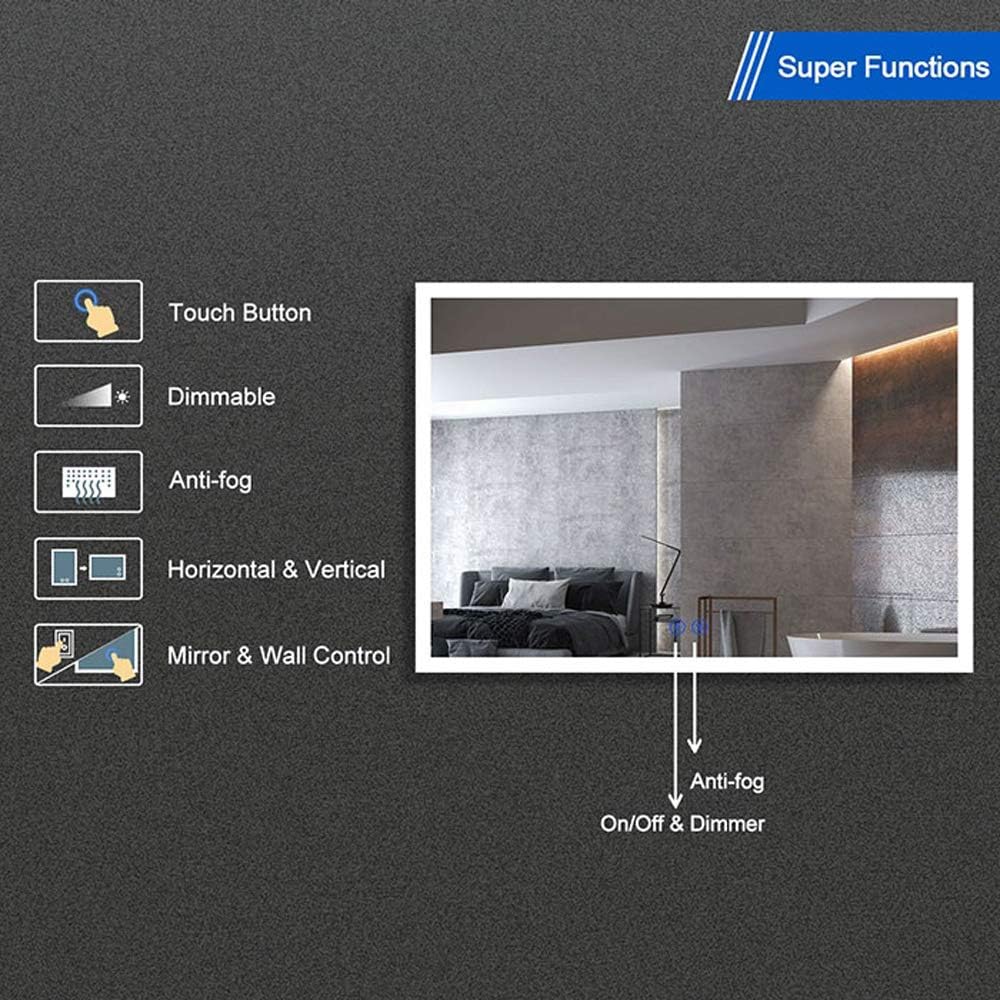 Dimmable LED Bathroom Mirror with Anti-Fog Function, 36x28 in Vertical & Horizontal Mount Illuminated Mirror with Touch Button, CRI>90