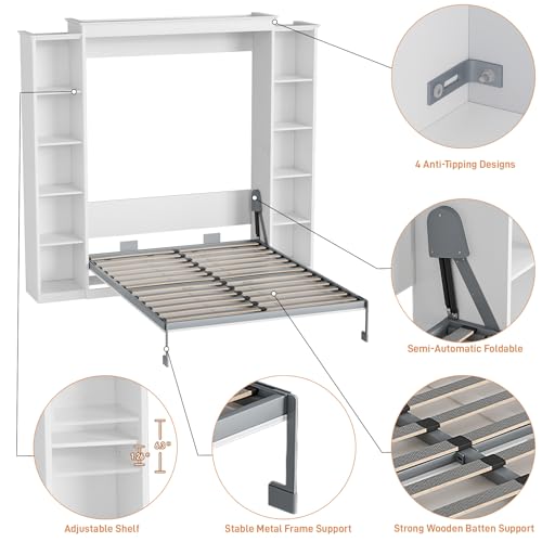 Rophefx Queen Murphy Bed Cabinet with 5-Tier Adjustable Storage Shelves, Queen Wall Bed Cabinet Bed, Wood Space Saving Beds, Foldable Platform Beds