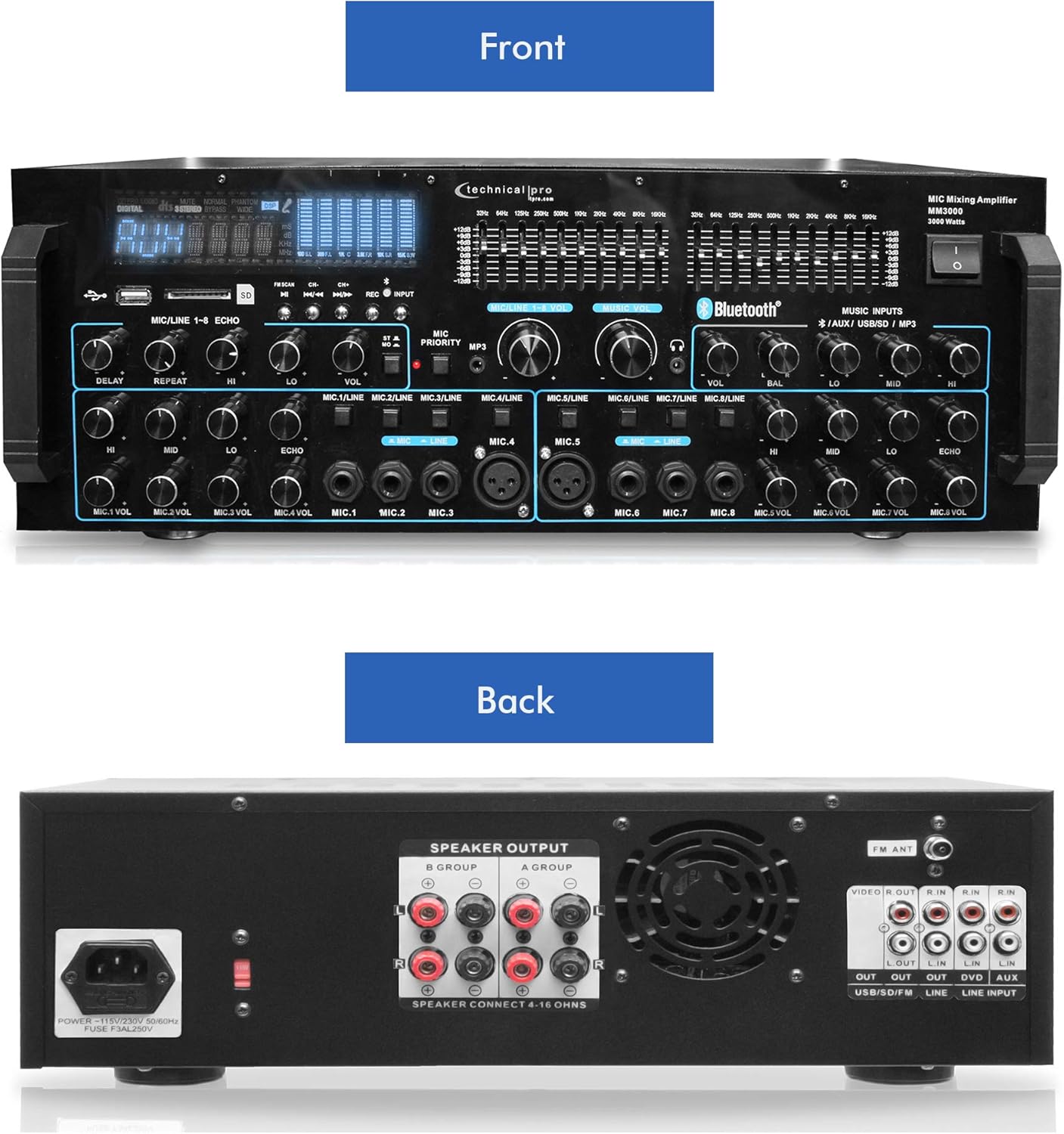 Technical Pro 3000 Watts Professional Mic Mixing Amplifier w/USB SD Card Inputs, Bluetooth Compatibility, Built-in Dual 10 Band Equalizers