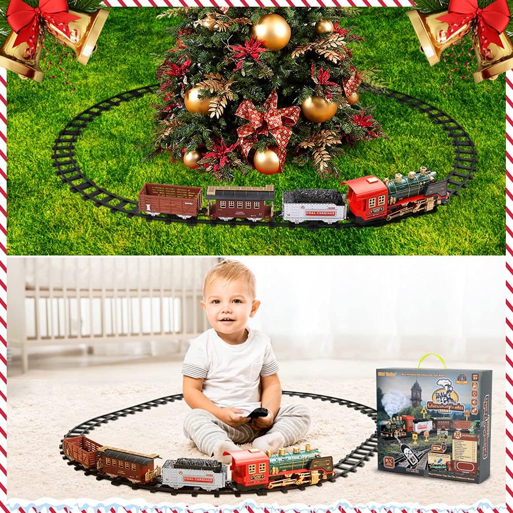 Remote Control Train Set - Electric R/C Train Toy for Kids w/ Smokes,Lights & Sound,Railway Kits w/ Steam Locomotive Engine,Cargo Cars & Tracks