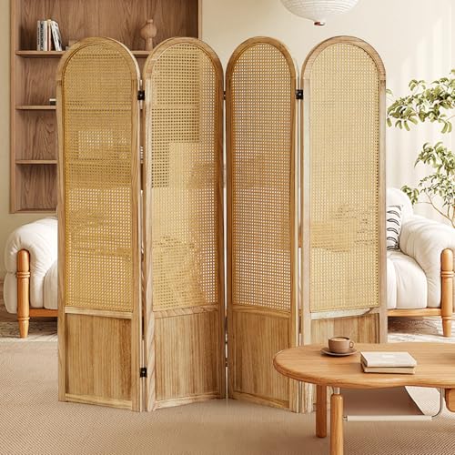 Room Divider 4 Panel, Folding Privacy Screen, Foldable Wood Divider Room Dec, Rattan Room Divider, Portable Partition Screen