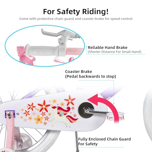 JOYSTAR Unicorn Kids Bike for Girls Ages 2-9 Years Old, 12 14 16 18 Inch Kids Bike with Training Wheels, Doll Seat, Streamers and Basket