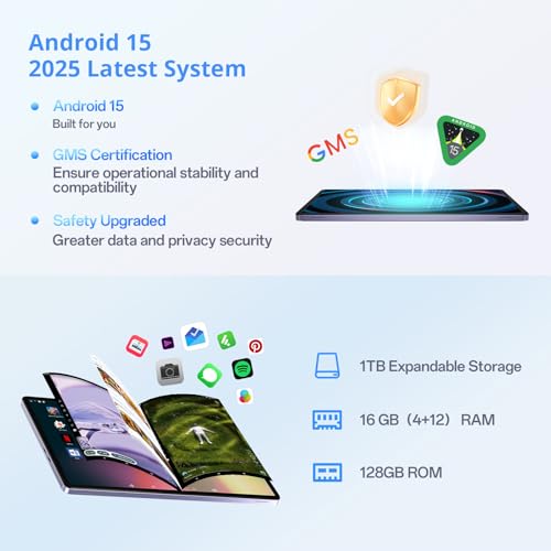 2025 Android 15 Tablet with Keyboard, 16GB+128GB 11 Inch Octa-Core 2-in-1 Tablets Dual Camera 5+13 MP, 5G/2.4G WiFi, 8000mAh, BT5.0, GMS Certified