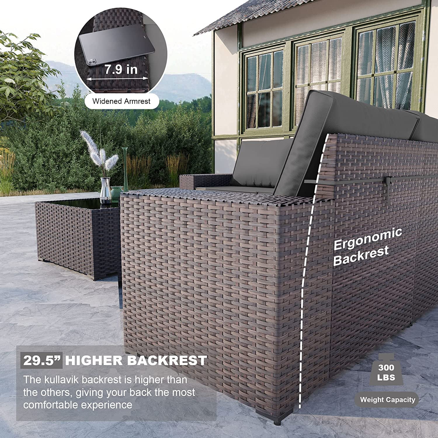 Popular Outdoor Patio Furniture Set 6 Pieces Sectional Rattan Sofa Set Brown PE Rattan Wicker Patio Conversation Set with 5 Navy Blue Seat Cushions