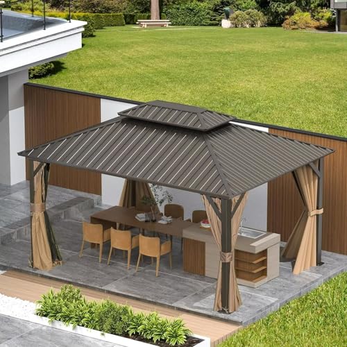 Domi 10’ x 10’ Hardtop Gazebo Metal Frame Canopy with Netting & Curtains