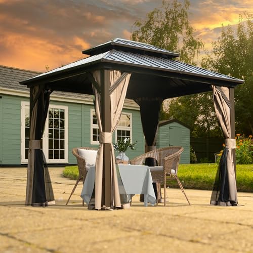 Domi 10' x 10' Hardtop Gazebo Outdoor Metal Gazebo with Galvanized Steel Double Roof Canopy, Curtains and Netting for Patio, Backyard, Deck