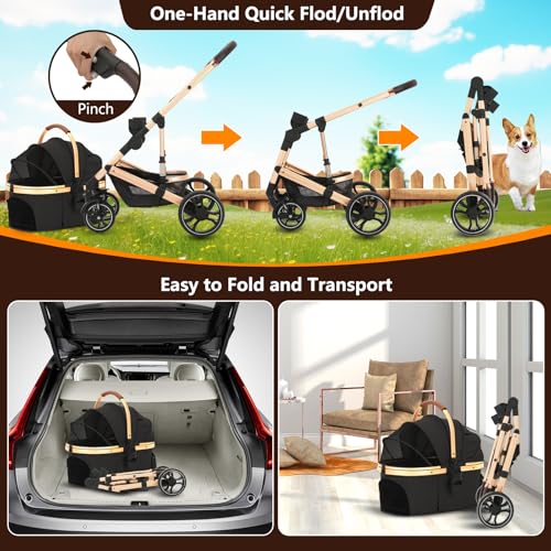 Pet Stroller 3 in 1 Folding Lightweight Dog Stroller with Detachable Carrier & Storage Basket, Premium 4 Wheels Travel for Puppies, Doggies