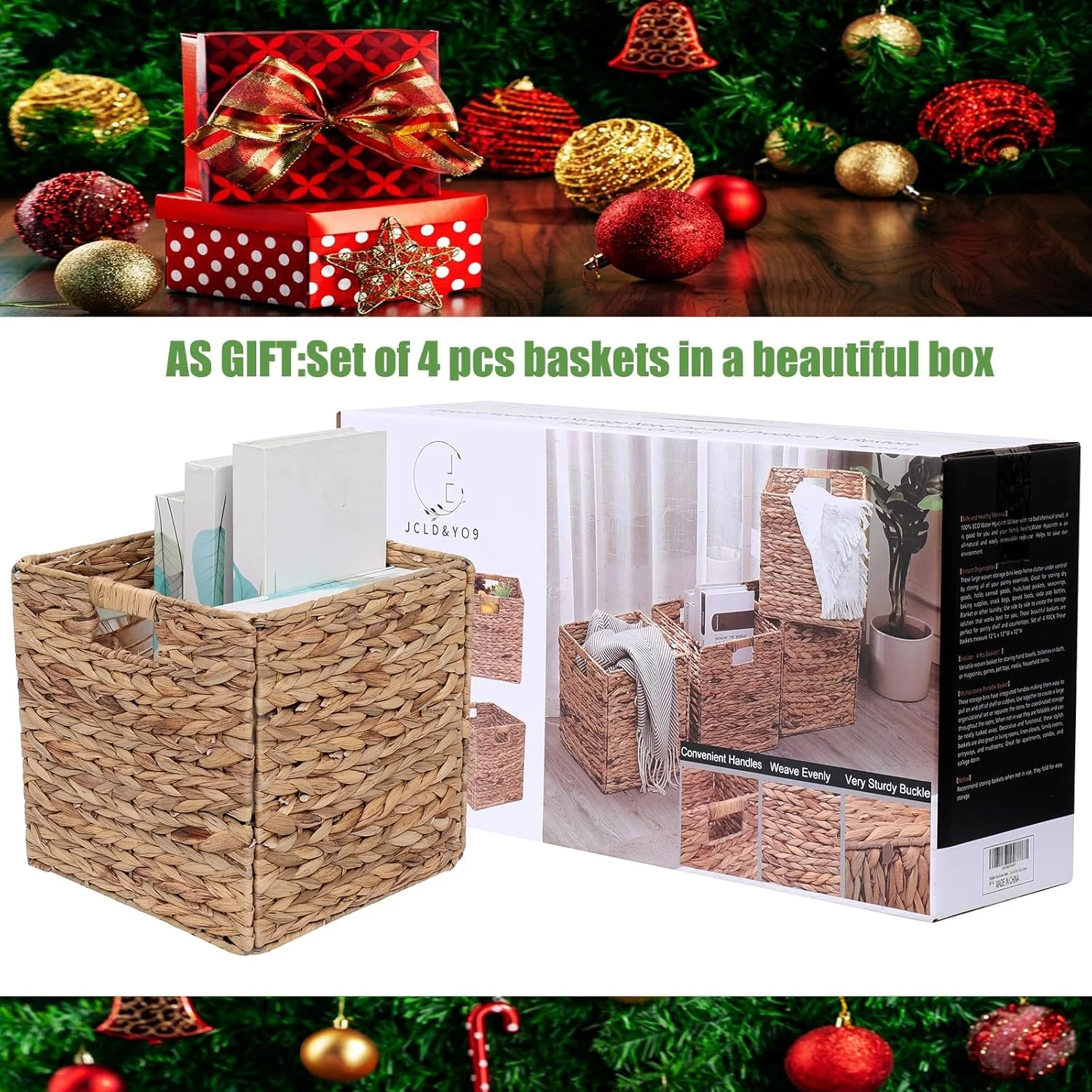 Foldable Handwoven Water Hyacinth Storage Baskets, Set of 4 Pcs, 12x12x12inch Rectangular Laundry Organizer