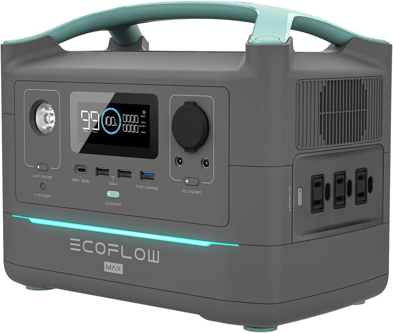 EF ECOFLOW Portable Power Station RIVER Max, 1.6hrs Fully Recharge 576Wh Home Backup Power with 3 x 600W (Peak 1200W) AC Outlets
