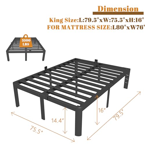 Full Size Bed Frame 16 Inch Black, Metal Platform Full Bed Frame with Baffles, No Box Spring Needed, Heavy Duty Steel Supprt, Rounded Corner Design