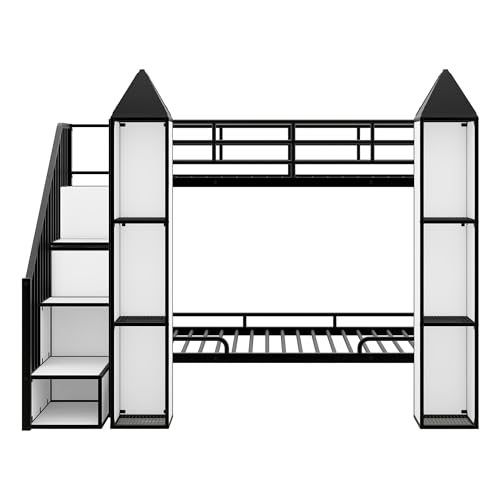Full-Over-Full Castle Style Bunk Bed with 2 Drawers and 3 Shelves, Wood Bunk Bed Frame with Slide and Storage Staircase for Kids Teens Boys Girls